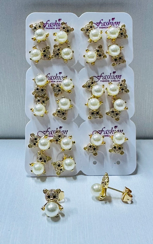 Arete oso con perla y piedras de zircon por 12 pares